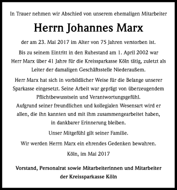 Anzeige von Johannes Marx von Kölner Stadt-Anzeiger / Kölnische Rundschau / Express