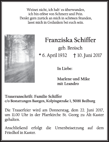 Anzeige von Franziska Schiffer von  Sonntags-Post 