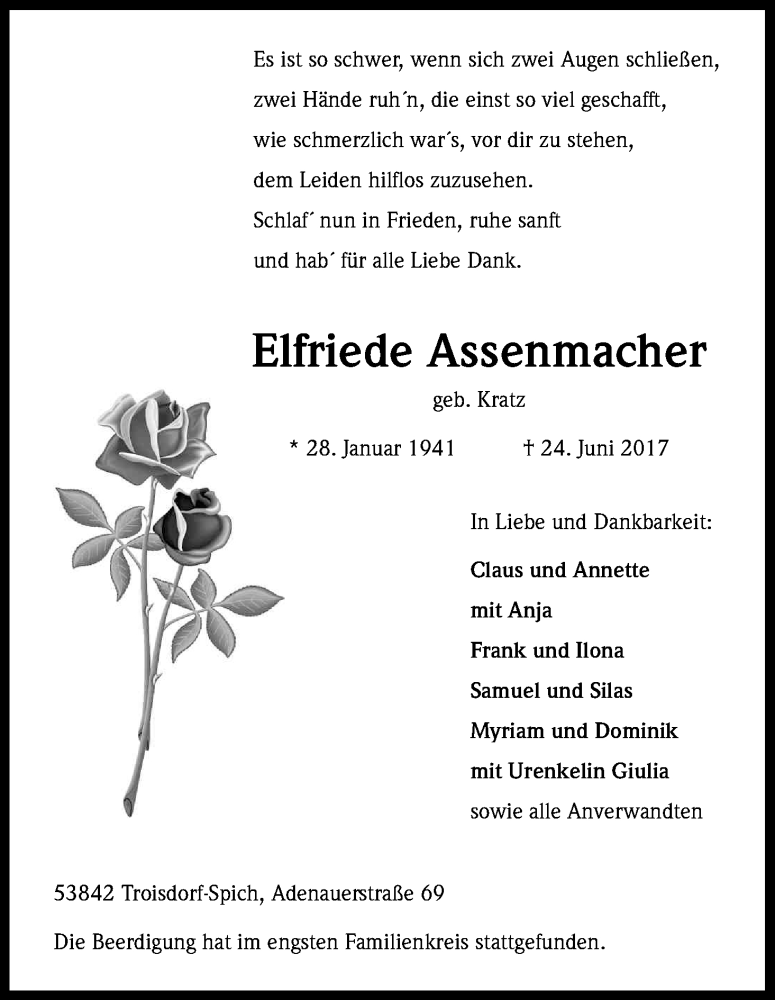  Traueranzeige für Elfriede Assenmacher vom 01.07.2017 aus Kölner Stadt-Anzeiger / Kölnische Rundschau / Express
