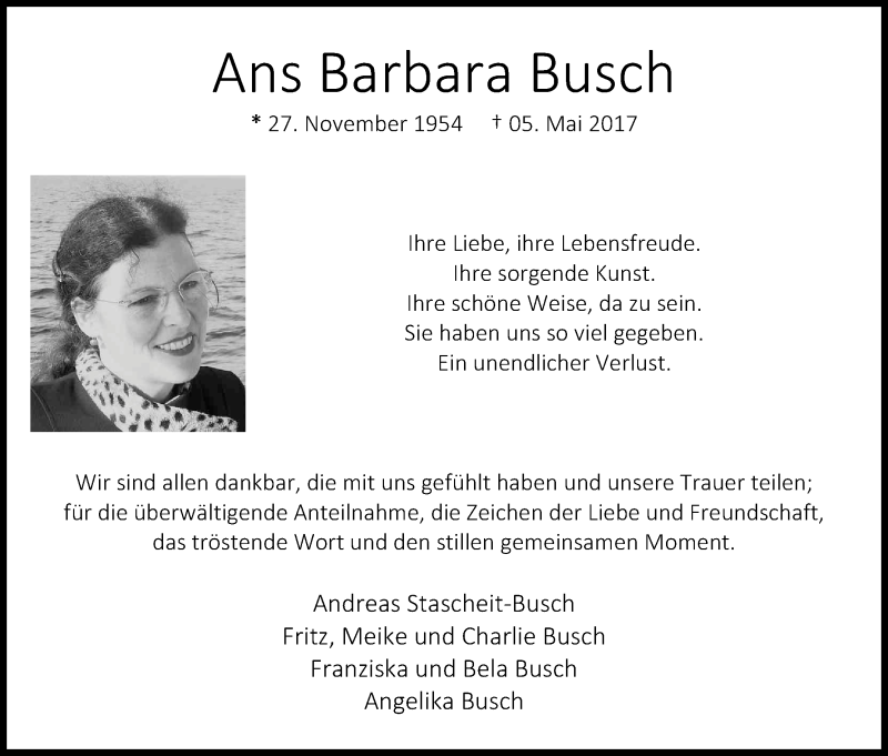  Traueranzeige für Ans Barbara Busch vom 01.07.2017 aus Kölner Stadt-Anzeiger / Kölnische Rundschau / Express