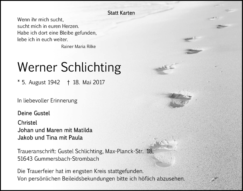  Traueranzeige für Werner Schlichting vom 07.06.2017 aus  Anzeigen Echo 