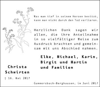 Anzeige von Christa Schwirten von  Anzeigen Echo 