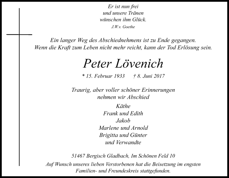  Traueranzeige für Peter Lövenich vom 24.06.2017 aus Kölner Stadt-Anzeiger / Kölnische Rundschau / Express