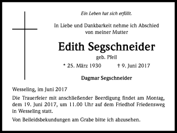 Anzeige von Edith Segschneider von Kölner Stadt-Anzeiger / Kölnische Rundschau / Express