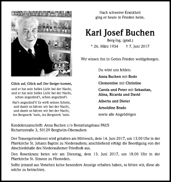 Anzeige von Karl Josef Buchen von Kölner Stadt-Anzeiger / Kölnische Rundschau / Express