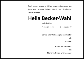 Anzeige von Hella Becker-Wahl von Kölner Stadt-Anzeiger / Kölnische Rundschau / Express