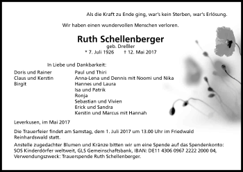 Anzeige von Ruth Schellenberger von Kölner Stadt-Anzeiger / Kölnische Rundschau / Express