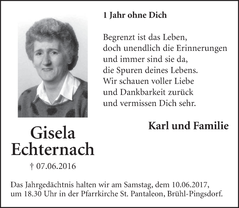  Traueranzeige für Gisela Echternach vom 07.06.2017 aus  Schlossbote/Werbekurier 