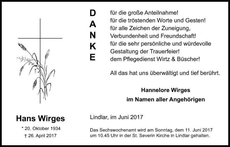  Traueranzeige für Hans Wirges vom 03.06.2017 aus Kölner Stadt-Anzeiger / Kölnische Rundschau / Express