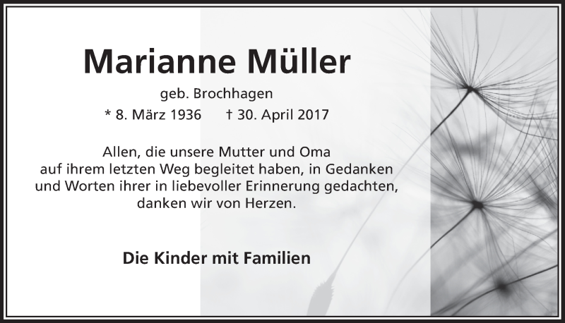  Traueranzeige für Marianne Müller vom 24.06.2017 aus  Bergisches Sonntagsblatt 