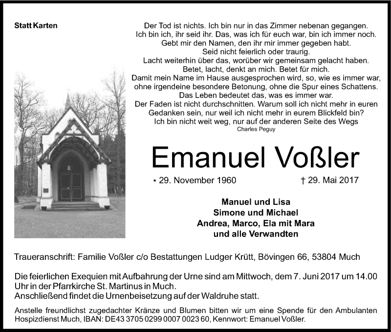  Traueranzeige für Emanuel Voßler vom 03.06.2017 aus Kölner Stadt-Anzeiger / Kölnische Rundschau / Express