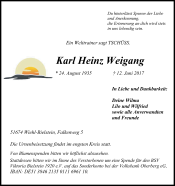 Anzeige von Karl Heinz Weigang von Kölner Stadt-Anzeiger / Kölnische Rundschau / Express