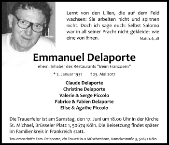 Anzeige von Emmanuel Delaporte von Kölner Stadt-Anzeiger / Kölnische Rundschau / Express