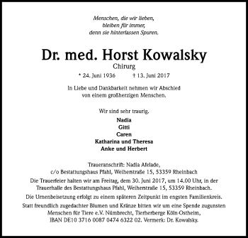 Anzeige von Horst Kowalsky von Kölner Stadt-Anzeiger / Kölnische Rundschau / Express