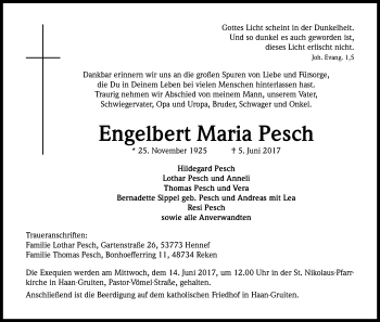 Anzeige von Engelbert Maria Pesch von Kölner Stadt-Anzeiger / Kölnische Rundschau / Express