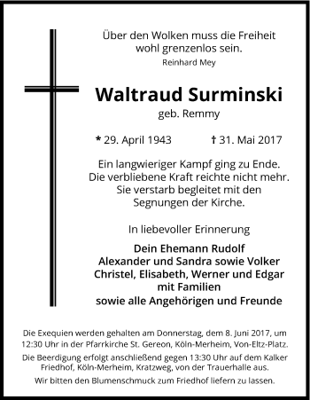 Anzeige von Waltraud Surminski von Kölner Stadt-Anzeiger / Kölnische Rundschau / Express