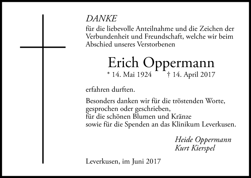  Traueranzeige für Erich Oppermann vom 03.06.2017 aus Kölner Stadt-Anzeiger / Kölnische Rundschau / Express