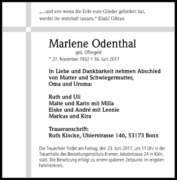 Anzeige von Marlene Odenthal von Kölner Stadt-Anzeiger / Kölnische Rundschau / Express