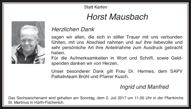  Traueranzeige für Horst Mausbach vom 28.06.2017 aus  Wochenende 
