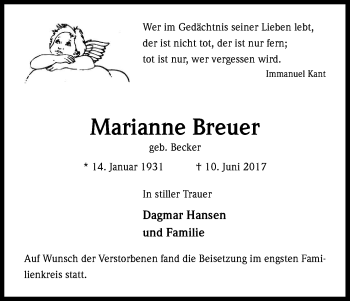Anzeige von Marianne Breuer von Kölner Stadt-Anzeiger / Kölnische Rundschau / Express