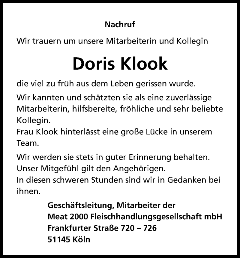  Traueranzeige für Doris Klook vom 24.06.2017 aus Kölner Stadt-Anzeiger / Kölnische Rundschau / Express