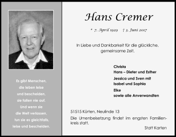 Anzeige von Hans Cremer von Kölner Stadt-Anzeiger / Kölnische Rundschau / Express