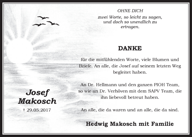  Traueranzeige für Josef Makosch vom 14.06.2017 aus  Wochenende 