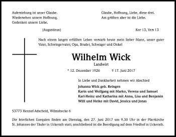 Anzeige von Wilhelm Wick von Kölner Stadt-Anzeiger / Kölnische Rundschau / Express