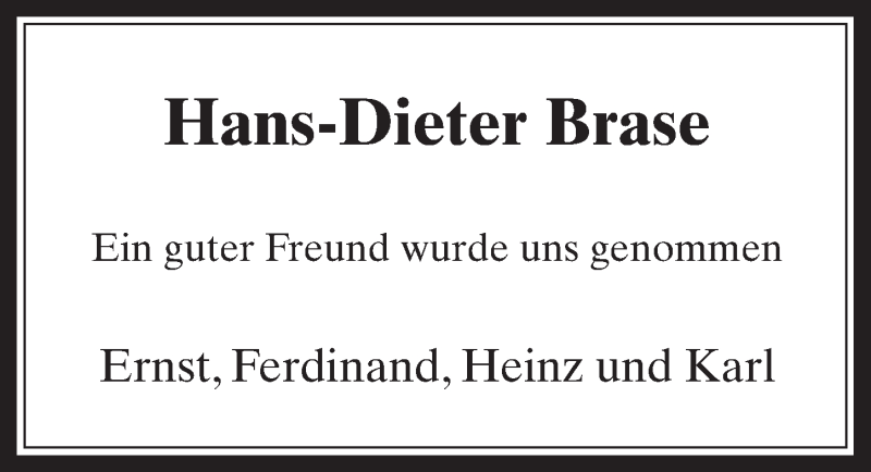  Traueranzeige für Hans-Dieter Brase vom 21.06.2017 aus  Werbepost 