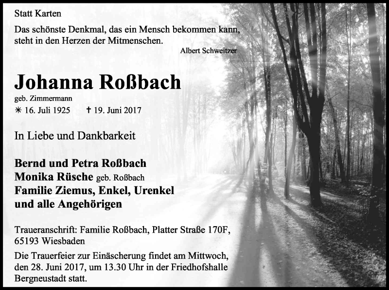  Traueranzeige für Johanna Roßbach vom 24.06.2017 aus Kölner Stadt-Anzeiger / Kölnische Rundschau / Express