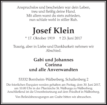 Anzeige von Josef Klein von  Schlossbote/Werbekurier 