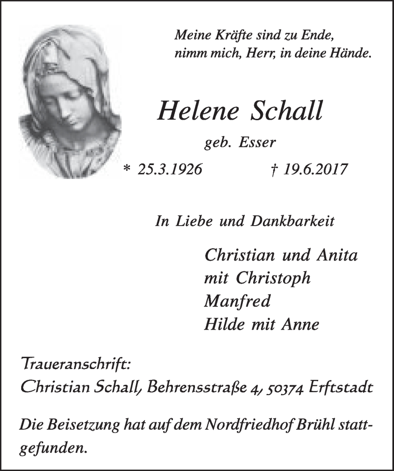  Traueranzeige für Helene Schall vom 28.06.2017 aus  Schlossbote/Werbekurier 