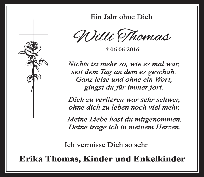  Traueranzeige für Willi Thomas vom 03.06.2017 aus  Sonntags-Post 