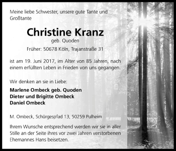 Anzeige von Christine Kranz von Kölner Stadt-Anzeiger / Kölnische Rundschau / Express