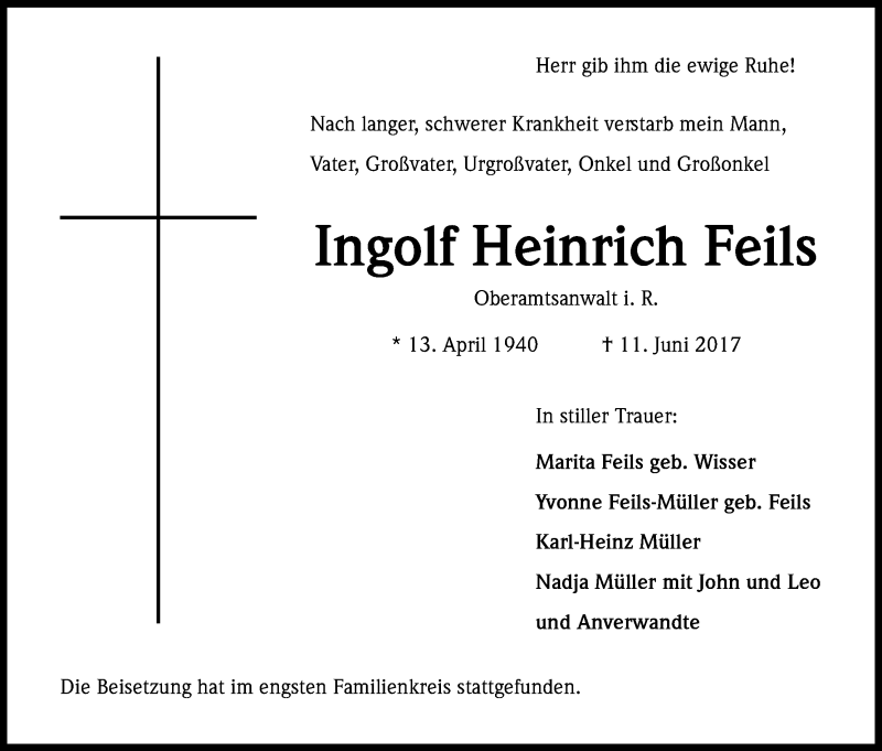  Traueranzeige für Ingolf Heinrich Feils vom 28.06.2017 aus Kölner Stadt-Anzeiger / Kölnische Rundschau / Express
