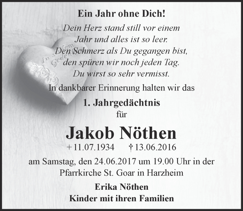  Traueranzeige für Jakob Nöthen vom 17.06.2017 aus  Blickpunkt Euskirchen 