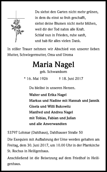 Anzeige von Maria Nagel von Kölner Stadt-Anzeiger / Kölnische Rundschau / Express