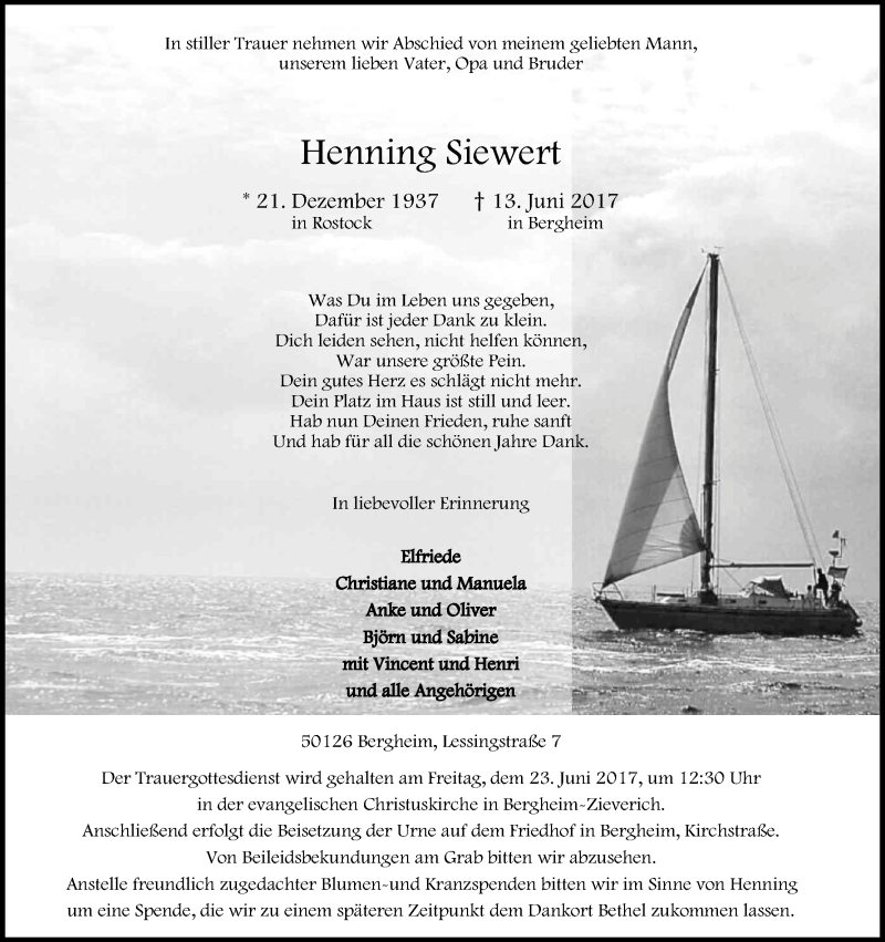  Traueranzeige für Henning Siewert vom 17.06.2017 aus Kölner Stadt-Anzeiger / Kölnische Rundschau / Express