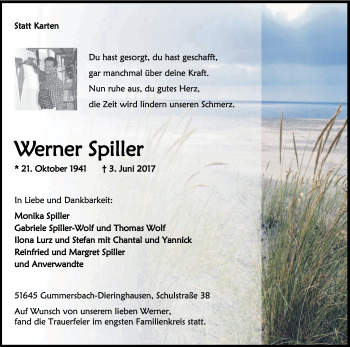 Anzeige von Werner Spiller von Kölner Stadt-Anzeiger / Kölnische Rundschau / Express