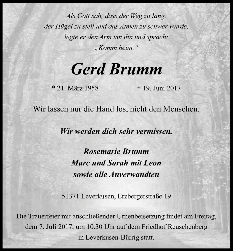  Traueranzeige für Gerd Brumm vom 01.07.2017 aus Kölner Stadt-Anzeiger / Kölnische Rundschau / Express