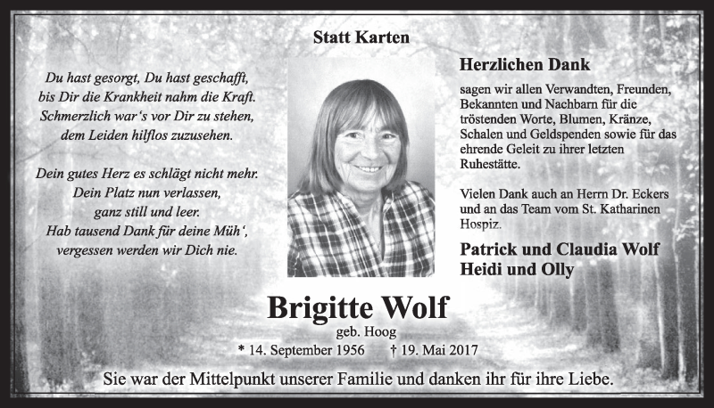  Traueranzeige für Brigitte Wolf vom 24.06.2017 aus  Sonntags-Post 