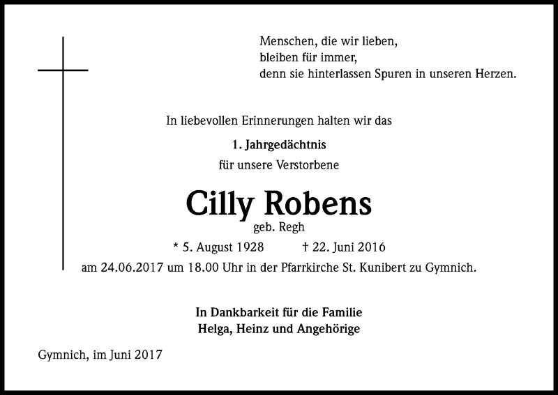  Traueranzeige für Cilly Robens vom 21.06.2017 aus Kölner Stadt-Anzeiger / Kölnische Rundschau / Express