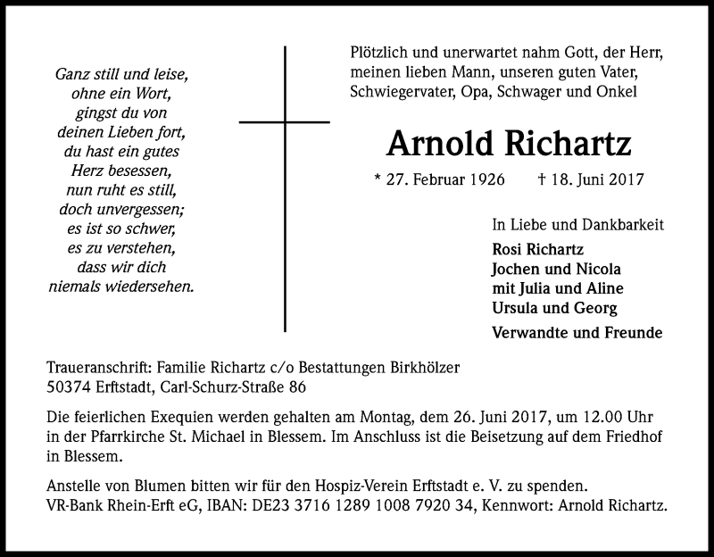  Traueranzeige für Arnold Richartz vom 22.06.2017 aus Kölner Stadt-Anzeiger / Kölnische Rundschau / Express