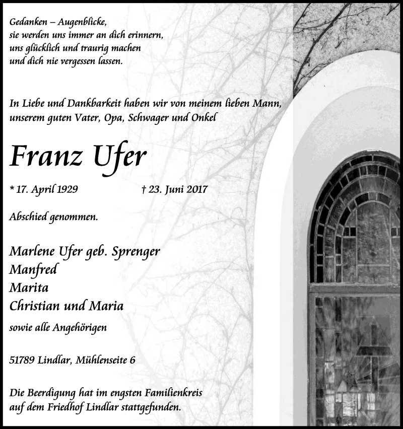  Traueranzeige für Franz Ufer vom 01.07.2017 aus Kölner Stadt-Anzeiger / Kölnische Rundschau / Express