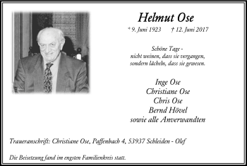 Anzeige von Helmut Ose von Kölner Stadt-Anzeiger / Kölnische Rundschau / Express