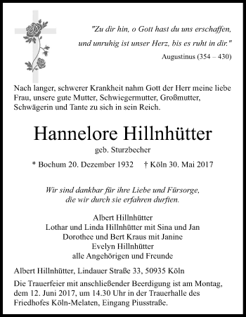 Anzeige von Hanneore Hillnhütter von Kölner Stadt-Anzeiger / Kölnische Rundschau / Express