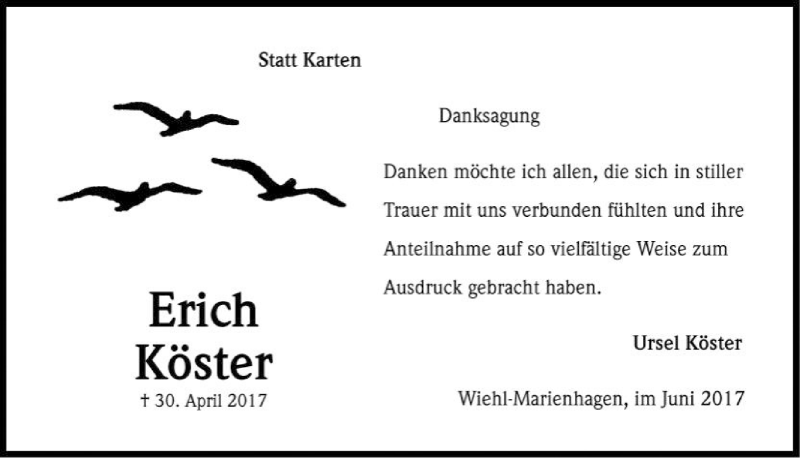  Traueranzeige für Erich Köster vom 28.06.2017 aus  Anzeigen Echo 