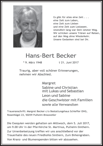 Anzeige von Hans-Bert Becker von  Sonntags-Post 