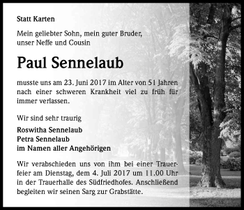 Anzeige von Paul Sennelaub von Kölner Stadt-Anzeiger / Kölnische Rundschau / Express
