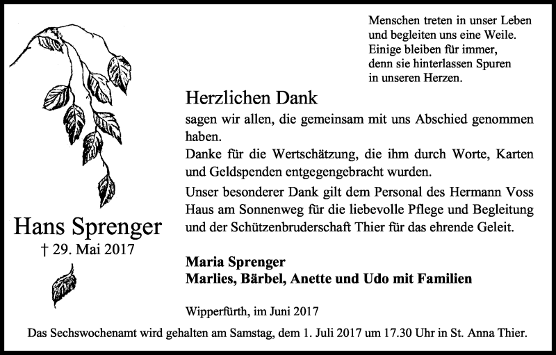  Traueranzeige für Hans Sprenger vom 24.06.2017 aus Kölner Stadt-Anzeiger / Kölnische Rundschau / Express
